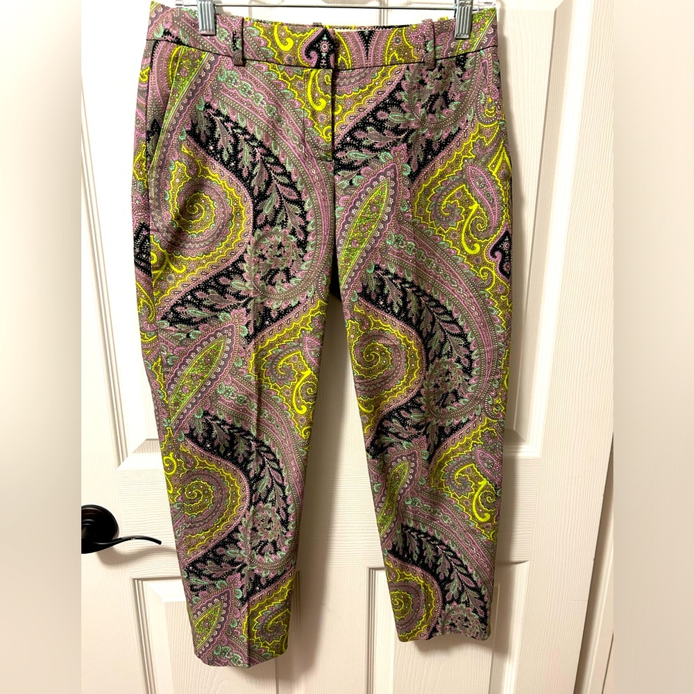 J Crew Cafe Capri pants Chartreuse Sovereign Paisley Lilac 2 Petite